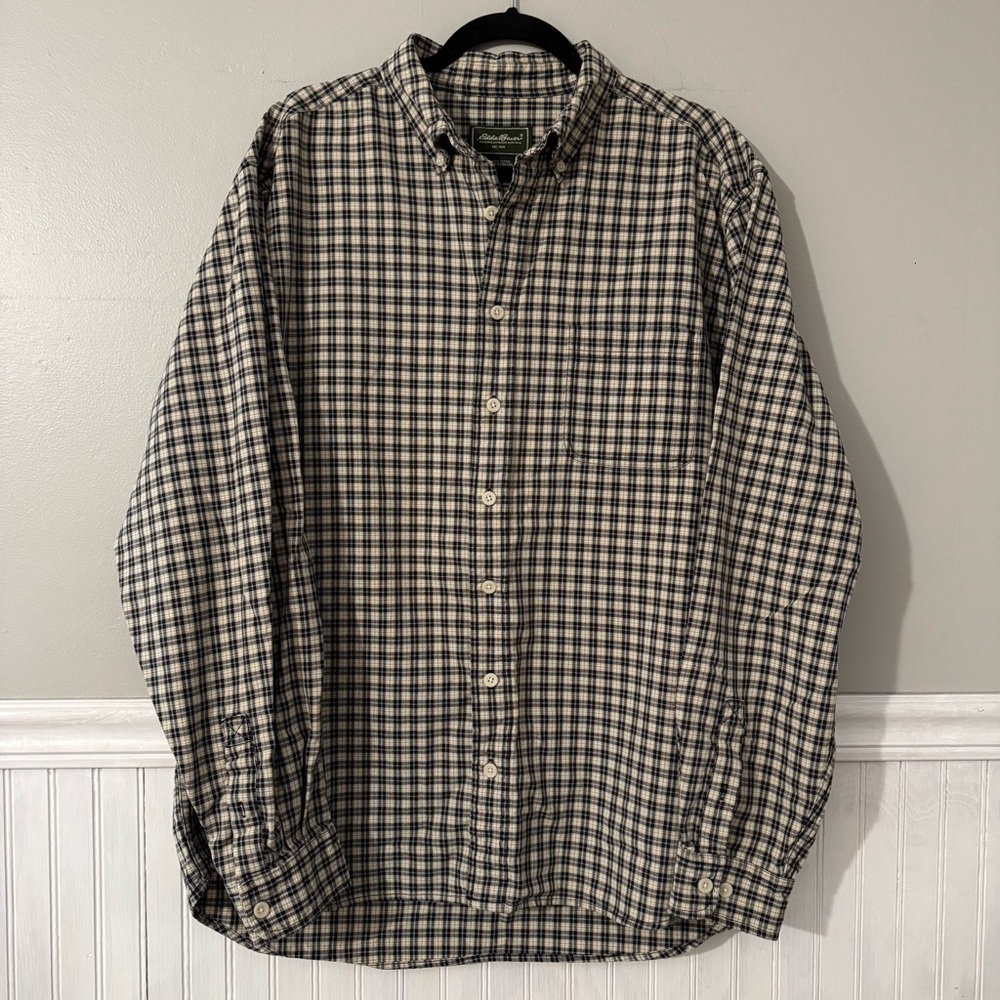 Eddie Bauer Men’s Plaid Button Down Shirt Size XL Tall Cream, Black, Blue
